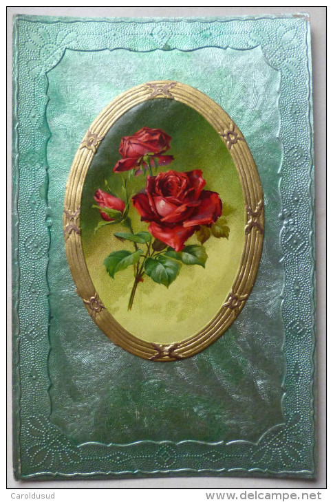 Litho Chromo Relief Fond Vert Nacre Illustrateur V.P.F.  C. KLEIN Fleur Roses Rose Medaillon Voyagé 1908 Timbre Arlon - Klein, Catharina