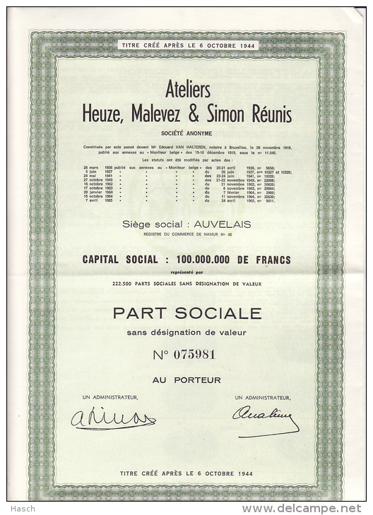 29. BelgiqueAteliers Heuze, Malevez&amp; Simon Réunis, Parts Sociale Sans Désignation De Valeur, Au Porteur  1965 - Other & Unclassified