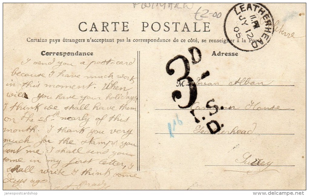 3d  I.S.D. Postmarked Leathehead - Surrey  1905 - Toulouse Bridge - FRANCE  - Postcard - Tasse
