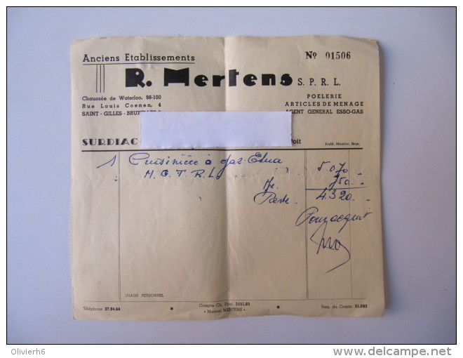 FACTURE Anciens établissement R. MERTENS (M1414) POELERIE, ESSO-GAS (2 Vues) Rue Louis Coenen 4 St Gilles 6 - 1950 - ...