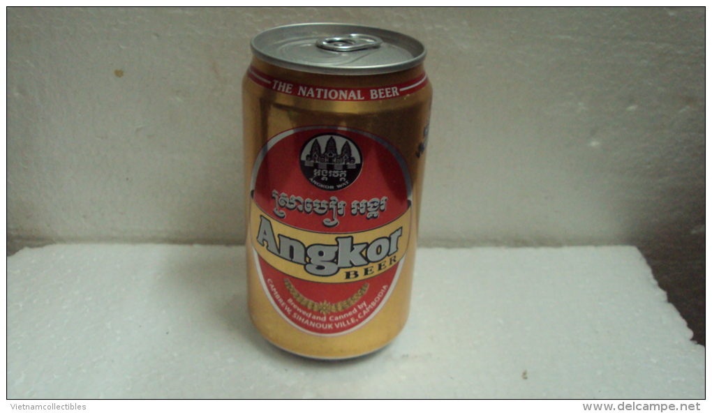 Cambodia Cambodge Angkor Empty 330ml Beer Can / Opened At Bottom - Cannettes