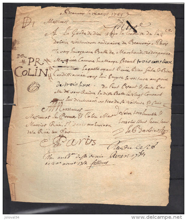 18/8/ 1754  Manuscrit Lettre De Voiture De Beauvais Oise Pour Paris Rue St Denis - ... - 1799
