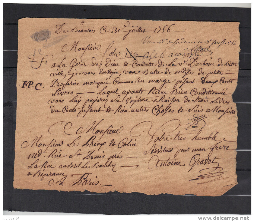 31/7/ 1756  Manuscrit Lettre De Voiture De Beauvais Oise Pour Paris Rue St Denis Au Coin De La Rue Aubry Le Boucher - ... - 1799