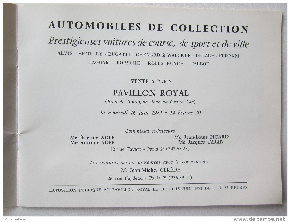 PUBLICITÉ AUTOMOBILE VENTE PARIS BOIS DE BOULOGNE PAVILLON ROYAL DELAGE BUGATTI ROLLS ROYCE BENTLEY PORSCHE FERRARI - Publicités