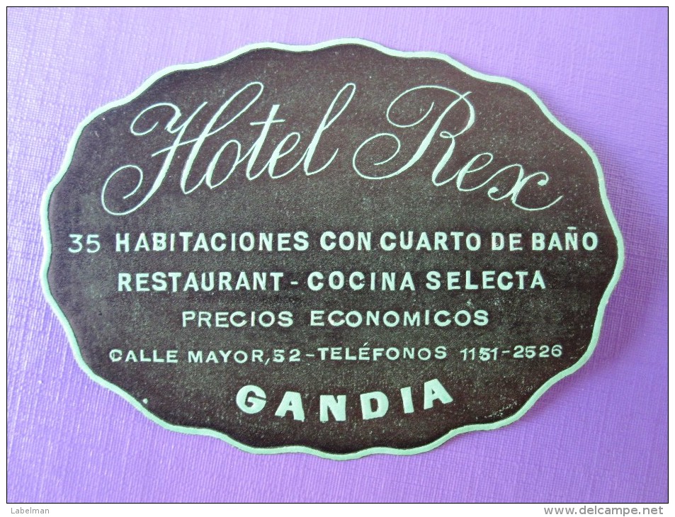 HOTEL PENSION HOSTAL REX GANDIA AZAHAR VALENCIA SPAIN LUGGAGE LABEL ETIQUETTE AUFKLEBER DECAL STICKER Madrid - Hotel Labels