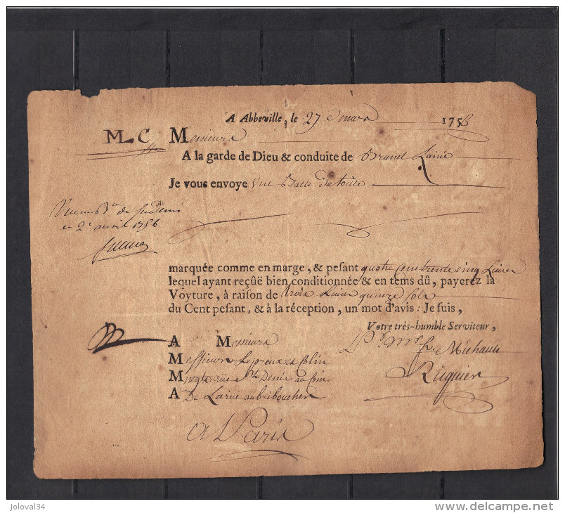 27/3/ 1756 Lettre De Voiture De Abbeville Somme Pour Paris Rue St Denis Au Coin De La Rue Aubry Le Boucher - ... - 1799