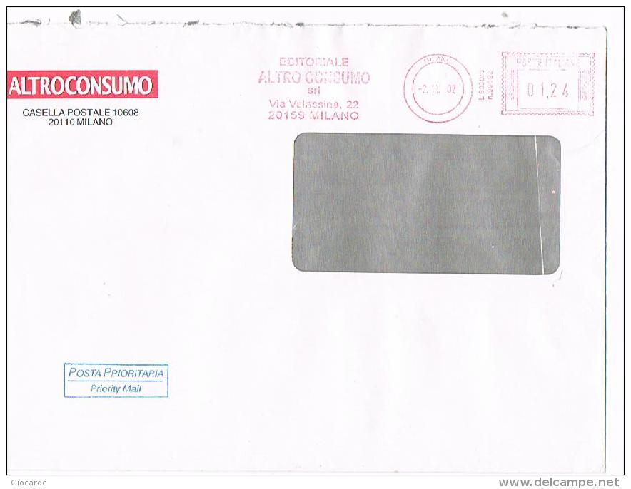 ITALIA  - STORIA POSTALE - 2002  LETTERA CON AFFRANCATURA MECCANICA "EDITORIALE ALTRO CONSUMO, MILANO  - RIF.2205 - Macchine Per Obliterare (EMA)