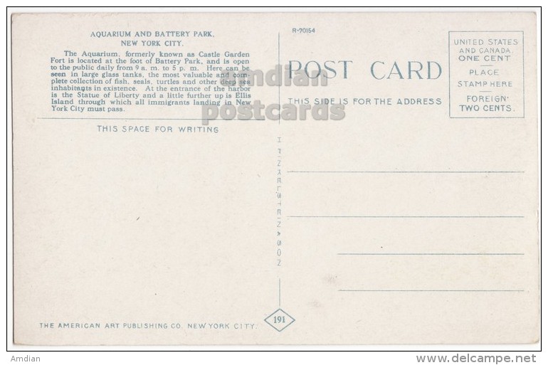 USA, NEW YORK CITY NY ~AQUARIUM BUILDING FRONT VIEW~BATTERY PARK ~ 1910s Unused Vintage Postcard - Parcs & Jardins