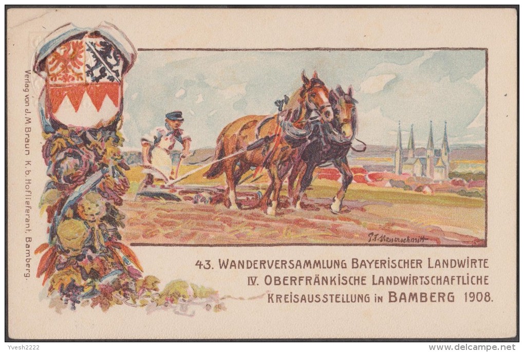 Bavière 1908. Carte Postale TSC. 43. Wanderversammlung Bayerischer Landwirte. Chevaux De Trait, Laboureur - Agriculture