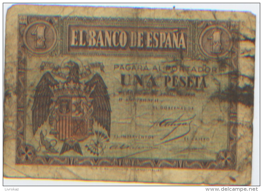 Billet De Banque, Banknote, Biglietto Di Banca, Bankbiljet, Espagne, Banco De Espana, Una Peseta, 1938 Billet Usagé Sali - 1-2 Pesetas