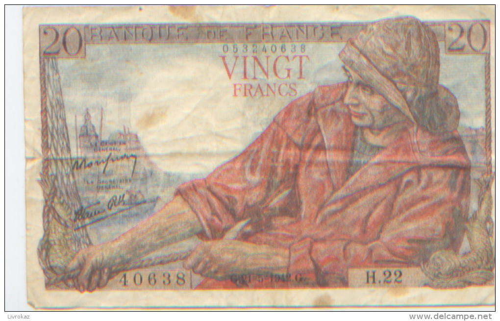 Billet De Banque, Banknote, Biglietto Di Banca, Bankbiljet, Banque De France, Vingt Francs Pêcheur, 1942, Bon état - 20 F 1942-1950 ''Pêcheur''