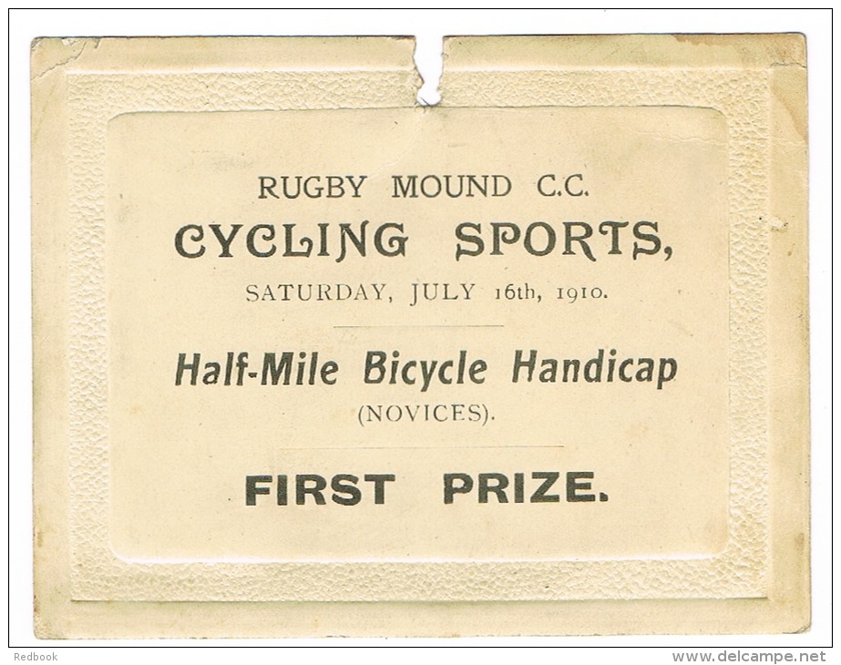 RB 1001 - 1910 Rugby Mound Cycling Club - First Prize Certificate - Other & Unclassified