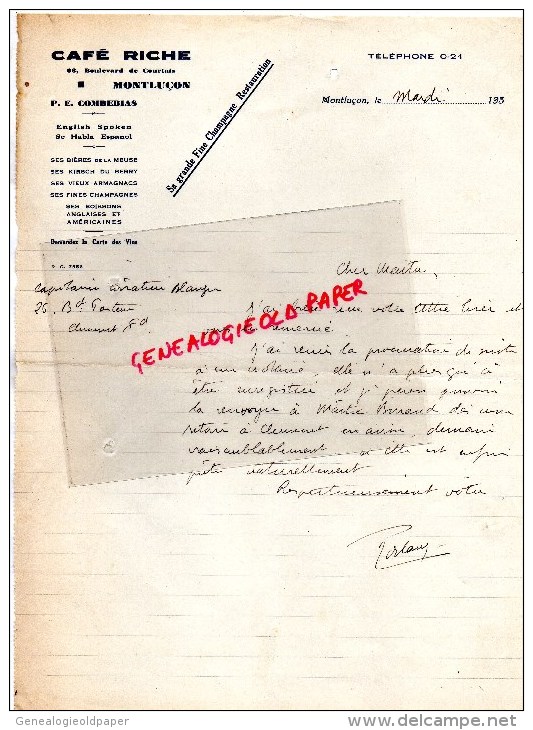 03 - MONTLUCON -  LETTRE MANUSCRITE CAFE RICHE -68 BOULEVARD DE COURTAIS-1930-P.E. COMBEBIAS - Manuskripte