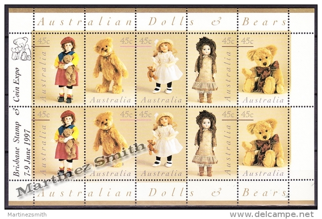 Australie - Australia 1997 Yvert 1583-87, Dolls & Bears - Sheetlet Overprinted Brisbane - MNH - Fogli Completi