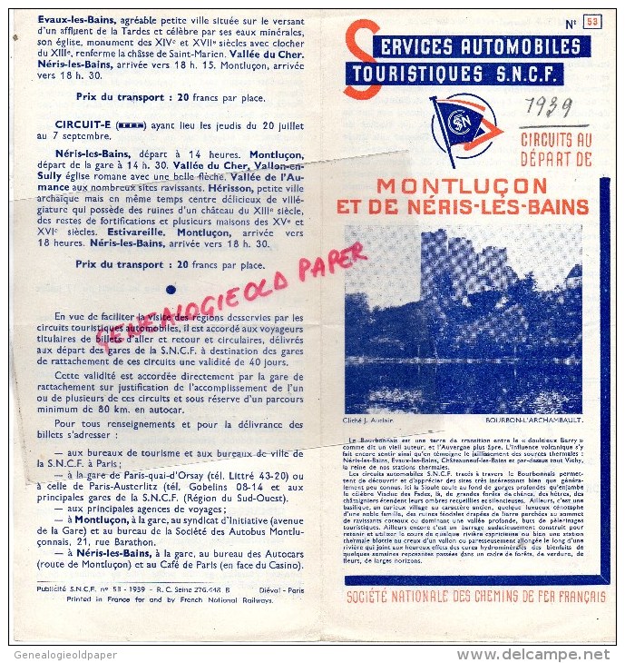 03 - MONTLUCON - CIRCUIT AU DEPART DE MONTLUCON ET NERIS LES BAINS- AUTOMOBILE ET SNCF-1939 - Werbung