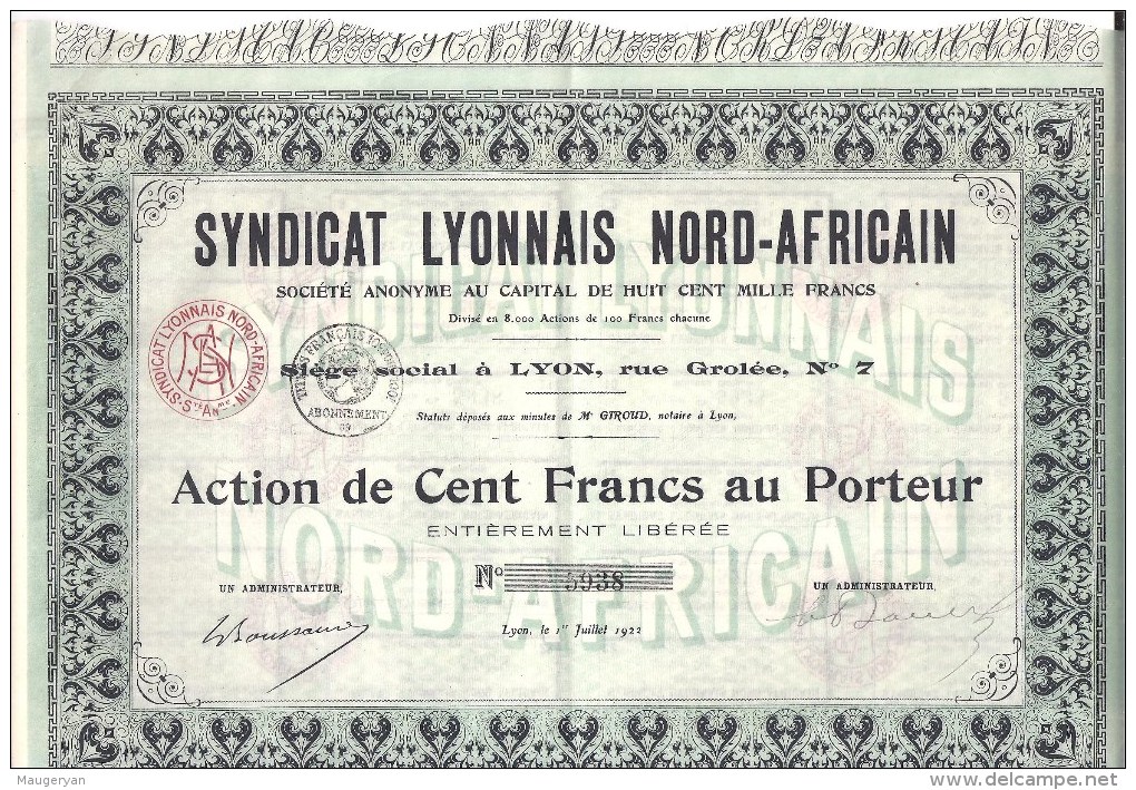 Syndicat Lyonnais Nord Africain - Action De 100 Francs - Autres & Non Classés