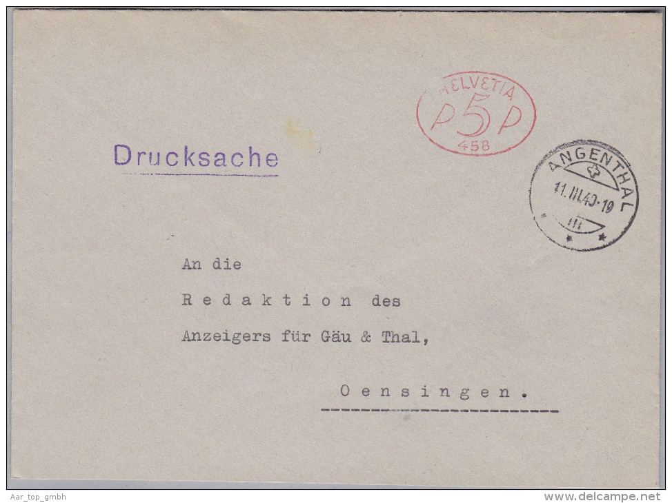 CH Firmenfreistempel 1940-03-11 Langenthal "P5P #458" Auf Drucksache - Frankiermaschinen (FraMA)