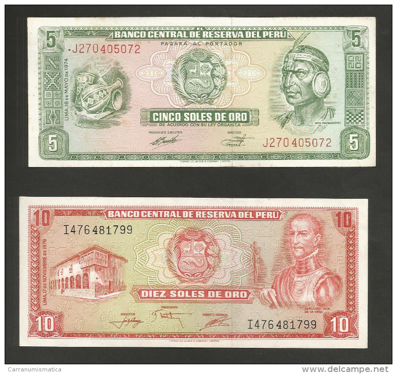 PERU' - BANCO CENTRAL De RESERVA Del PERU' - 5 & 10 SOLES De ORO (1974 / 1976) - LOT Of 2 DIFFERENT BANKNOTES - Pérou