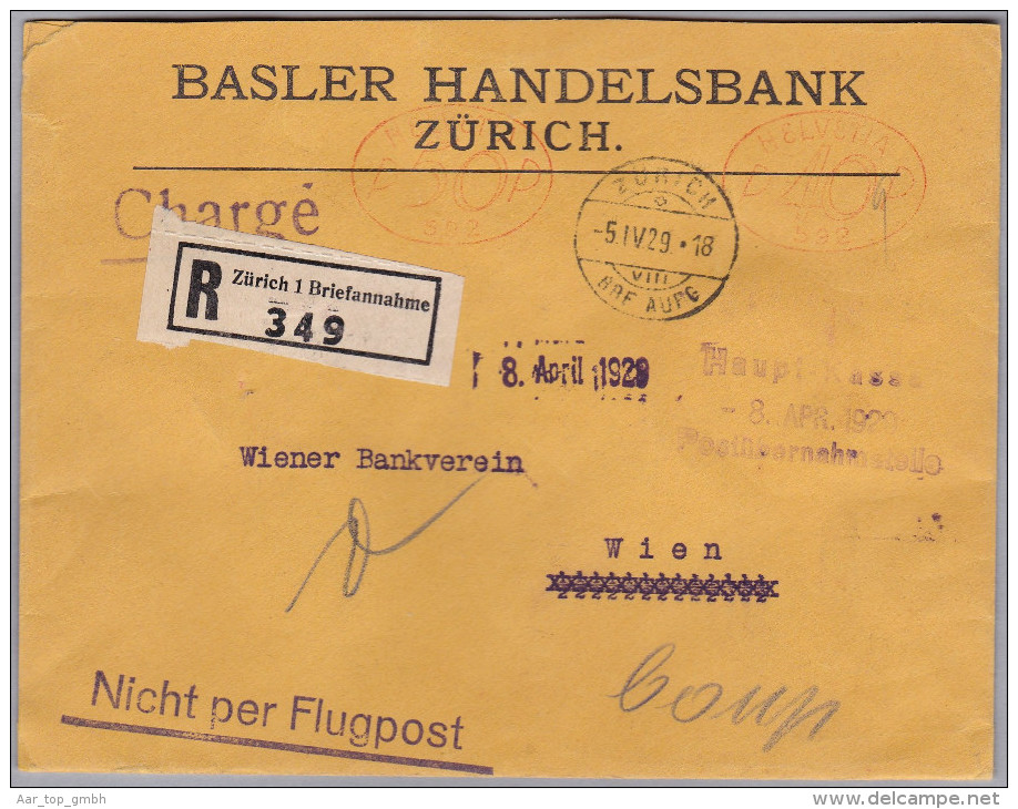 CH Firmenfreistempel 1929-04-05 Zürich  "P50P + P40P #592" Auf Siegel R-Brief Nach Wien - Postage Meters