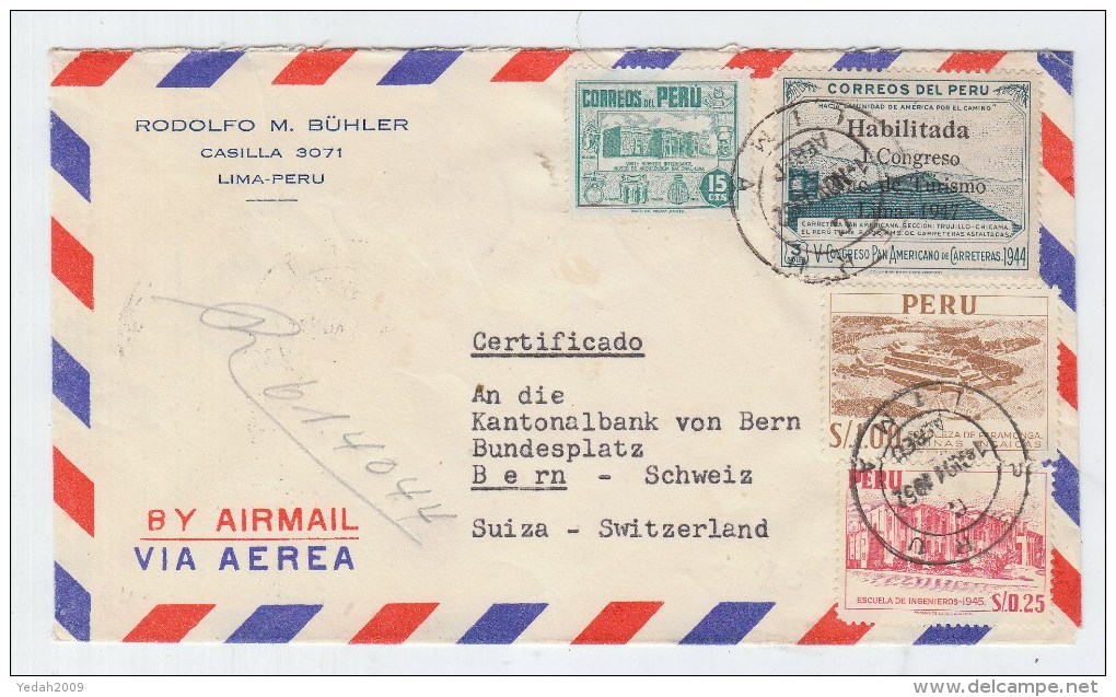 Peru/Switzerland REGISTERED AIRMAIL COVER 1952 - Peru