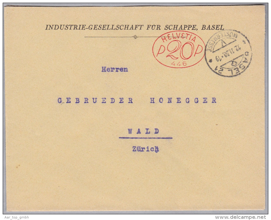 CH Firmenfreistempel 1930-02-30 Basel 21 "P20P #446" Auf Brief Nach Wald ZH - Affranchissements Mécaniques