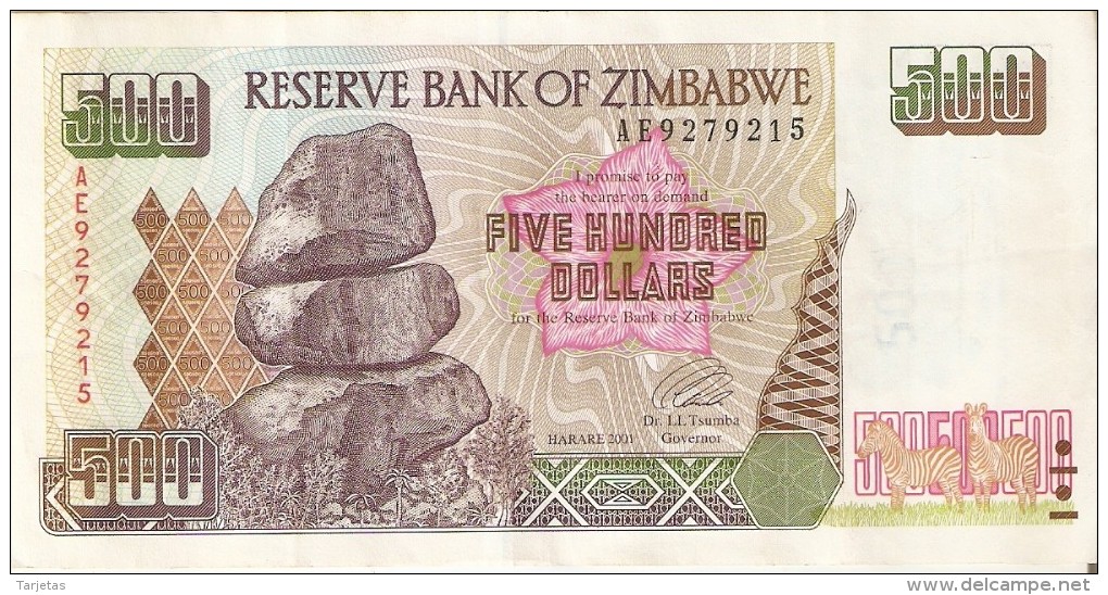 BILLETE DE ZIMBAWE DE 500 DOLARES DEL AÑO 2001  (BANKNOTE-BANK NOTE) - Zimbabwe