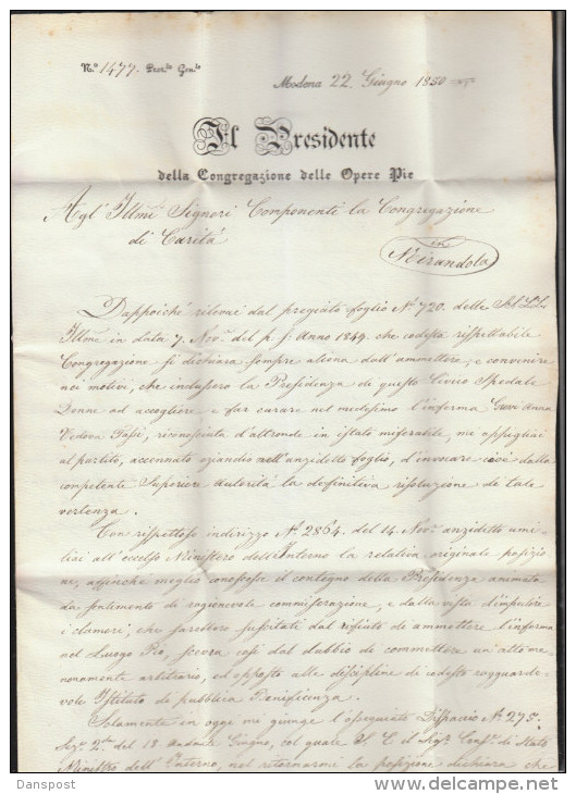 Lettera Modena 1850 Presidente Congregazzione Delle Opere Pie - Modena