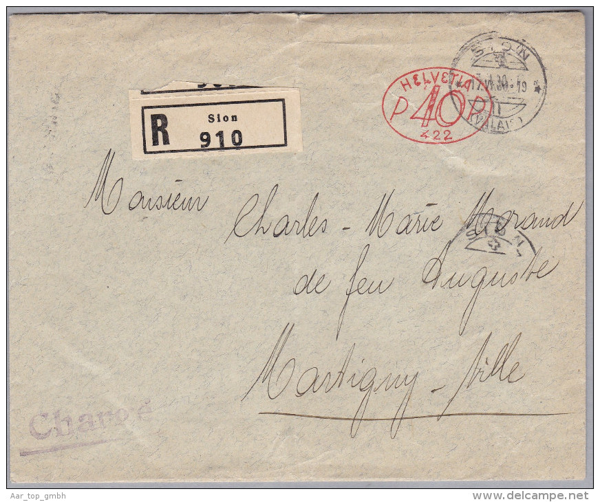 CH Firmenfreistempel 1930-06-17 Sion "P40P #422" Auf R-Brief Nach Martigny - Affranchissements Mécaniques