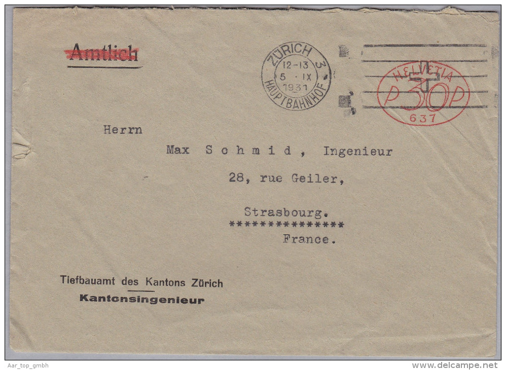 CH Firmenfreistempel 1931-09-05 Zürich 3 "P30P  #637" Auf Brief Nach Strasbourg - Frankiermaschinen (FraMA)