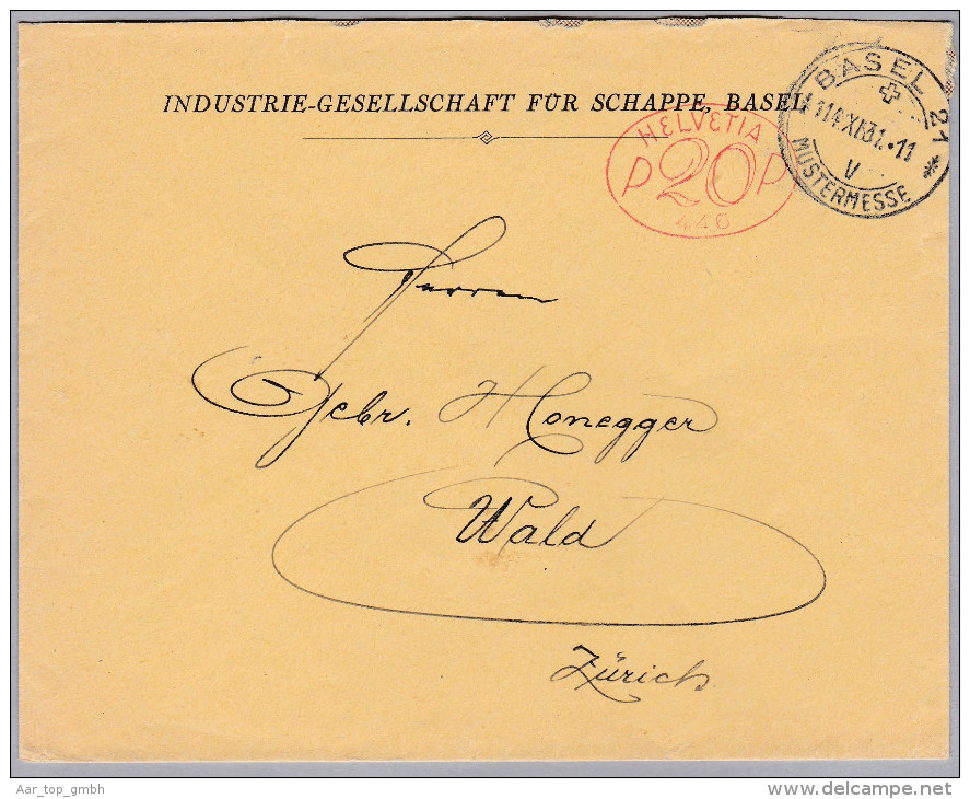 CH Firmenfreistempel 1931-11-14 Basel 21 "P20P  #446" Auf Brief Nach Wald ZH - Frankiermaschinen (FraMA)