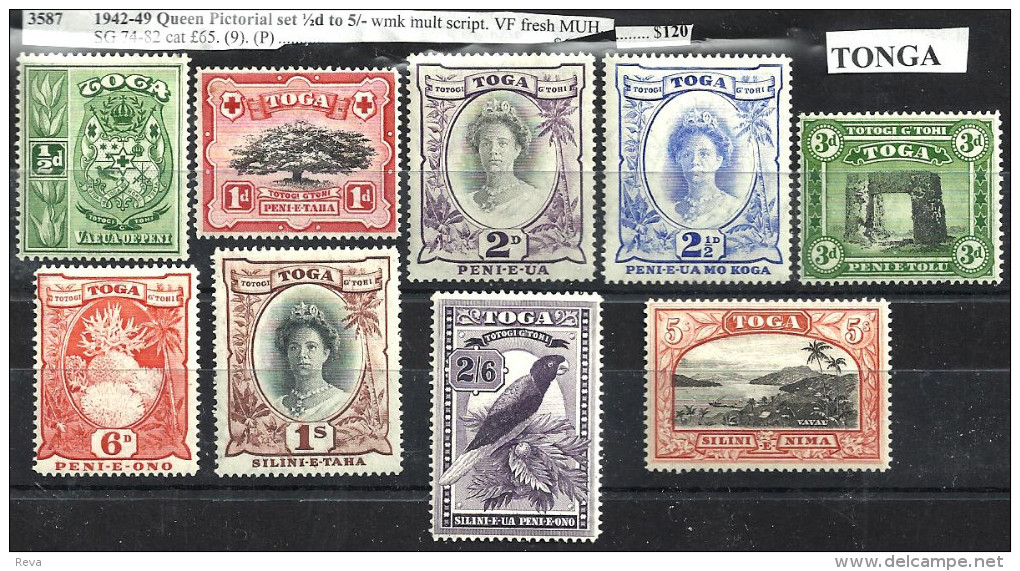 TONGA BRITISH SET OF 9 VIEWS BIRD QUEEN PICTORIAL 1/2P-5/- MINTUH 1942-49 SG74-82 READ DESCRIPTION !! - Tonga (1970-...)