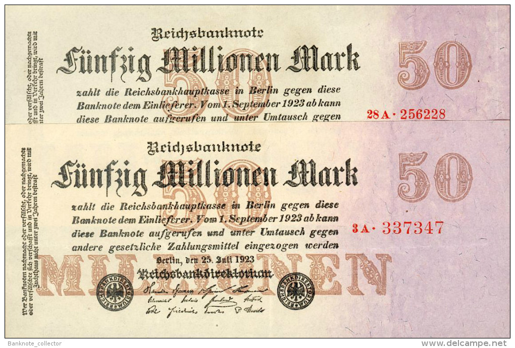Deutschland, Germany - 2 X 50 Mio. Mark, Reichsbanknote, Ro. 97 B,  ( Serie A ) XF ( II ), 1923 ! - 50 Millionen Mark