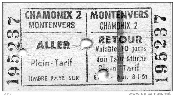 - 74 - CHAMONIX - MONTENVERS - Ticket Aller Et Retour Valable 10 Jours Du 9 Septembre 1970 - Scan Verso - - Europe