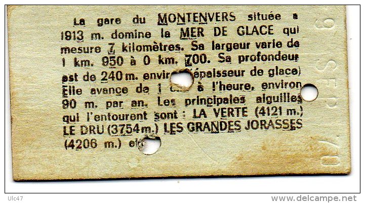 - 74 - CHAMONIX - MONTENVERS - Ticket Aller Et Retour Valable 10 Jours Du 9 Septembre 1970 - Scan Verso - - Europe