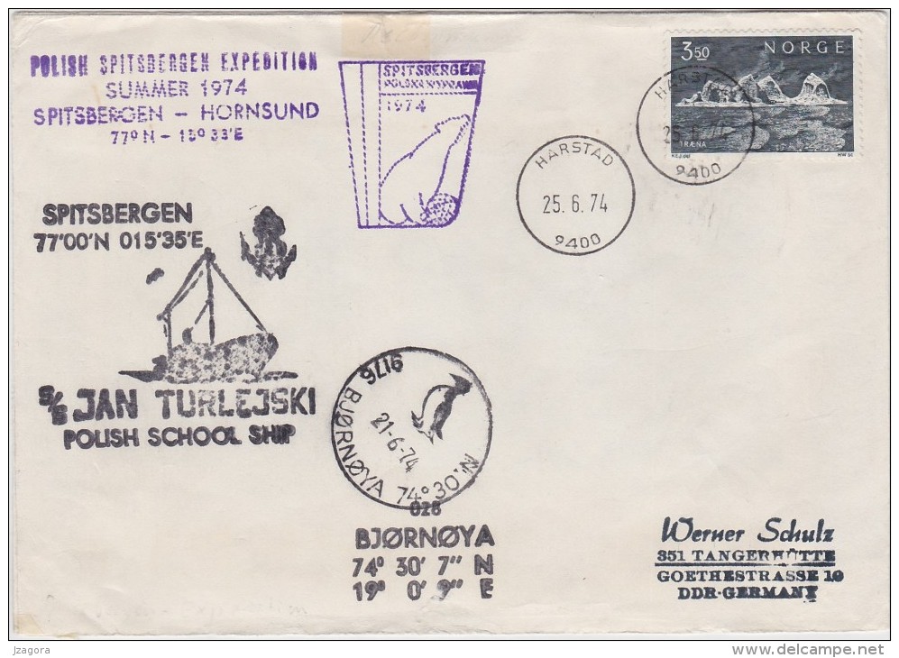 POLAND ARKTIS ARCTIS NORD POLE SPITSBERGEN EXPEDITION 1974  SHIP JAN TURLEJSKI POSTMARKS ON NORWAY COVER POLEN POLOGNE - Navires & Brise-glace