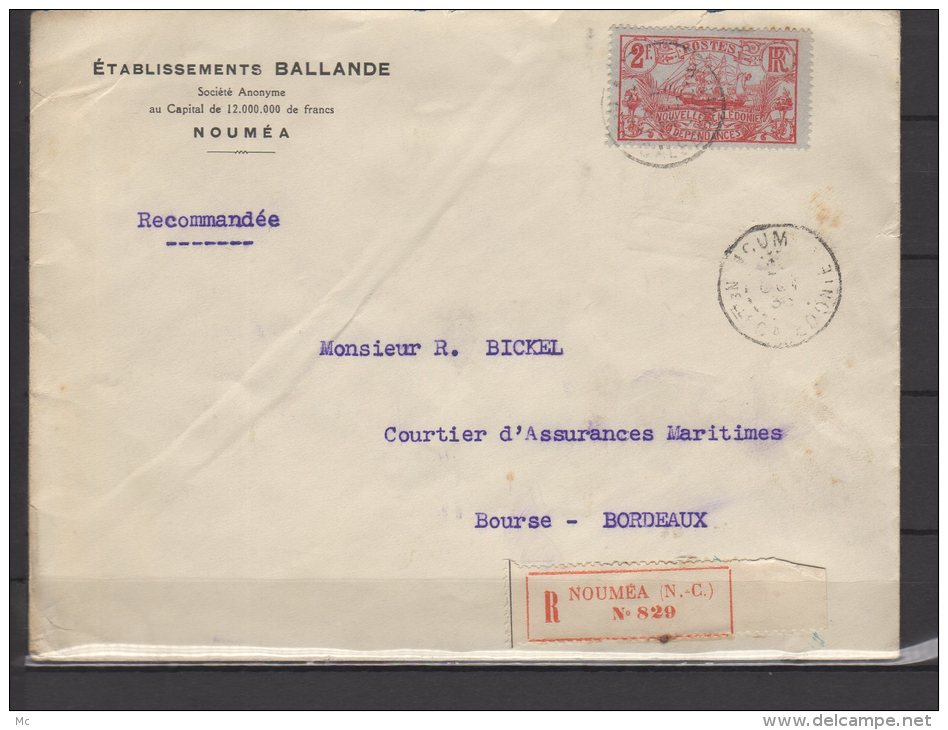 Nouvelle Calédonie - N° 103  Obli/sur Lettre Recommandée De Nouméa Pour Bordeaux - 1936 - Briefe U. Dokumente