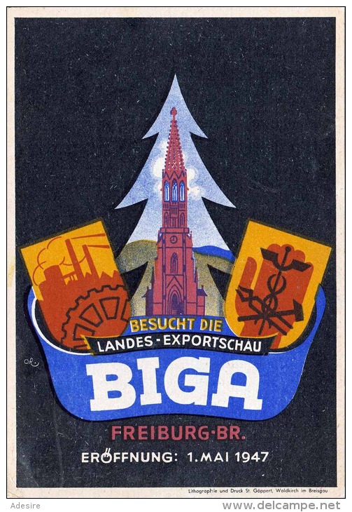 Baden 1947 - 12 Pf + Sonderstempel Auf Ak BIGA Landes Exportschau Freiburg 1947 - Werbepostkarten