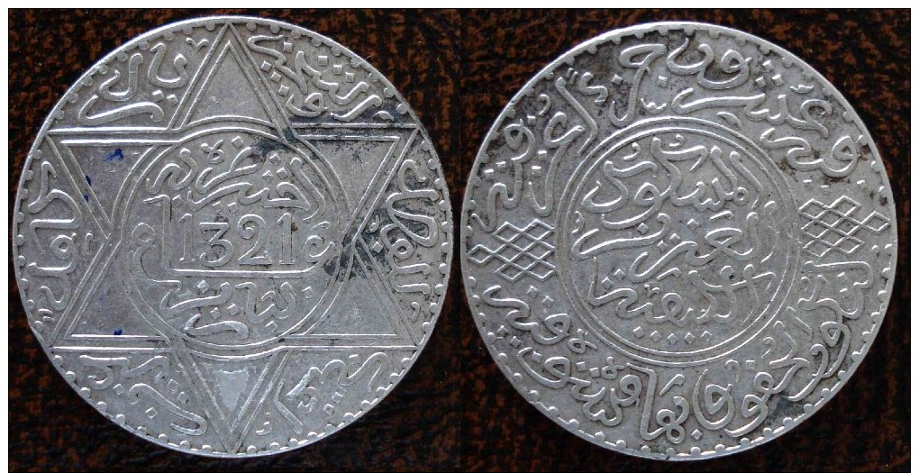 (J) MOROCCO: Silver 10 Dirhams 1903 VF+/XF (3812) SUPER SALE!!!!! - Marokko