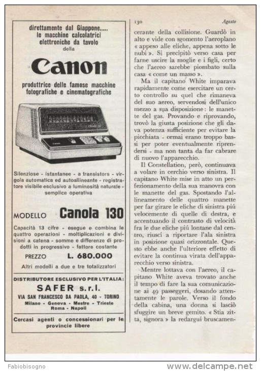 1967 - Calcolatrice CANON (modello CANOLA 130) - 1 P. Pubblicità Cm.13 X18 - Autres Appareils