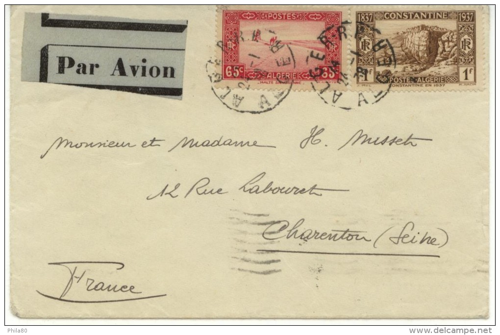 ALGERIE: N°113A+132 Sur Lettre De Alger RP Pour Charenton Du 24-1-38 - Cartas & Documentos