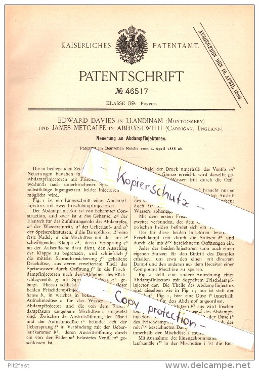Original Patent - E. Davies In Llandinam / Llanidloes And James Metcalfe In Aberystwyth , 1888 , Steam Injectors , Pump - Cardiganshire