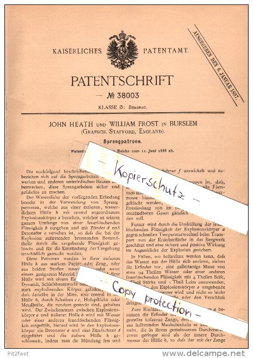 Original Patent - John Heath Und W. Frost In Burslem , England , 1886 , Explosive Cartridge , Ammunition , Munitions !!! - Dokumente