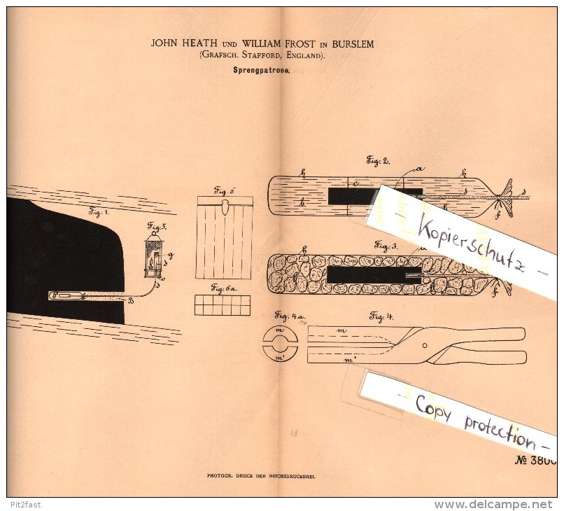 Original Patent - John Heath Und W. Frost In Burslem , England , 1886 , Explosive Cartridge , Ammunition , Munitions !!! - Dokumente