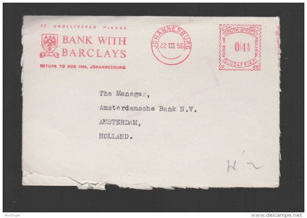 South Africa 1956 Advertising Meter Cover BARCLAYS BANK To Netherlands - Briefe U. Dokumente