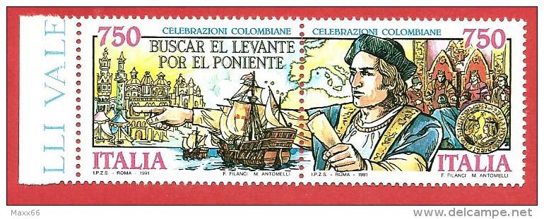 ITALIA REPUBBLICA MNH DITTICO - 1991 - Celebrazioni Colombiane, Il Progetto - £ 750 X 2 - S. 1958 - 1959 - 1991-00:  Nuovi