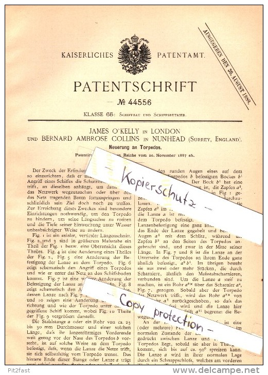 Original Patent - B.A. Collins In Nunhead , 1887 , Innovation In Torpedoes , Torpedo , London !!! - Boten