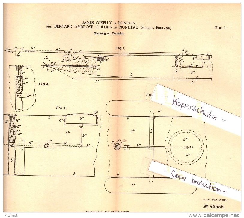 Original Patent - B.A. Collins In Nunhead , 1887 , Innovation In Torpedoes , Torpedo , London !!! - Boten