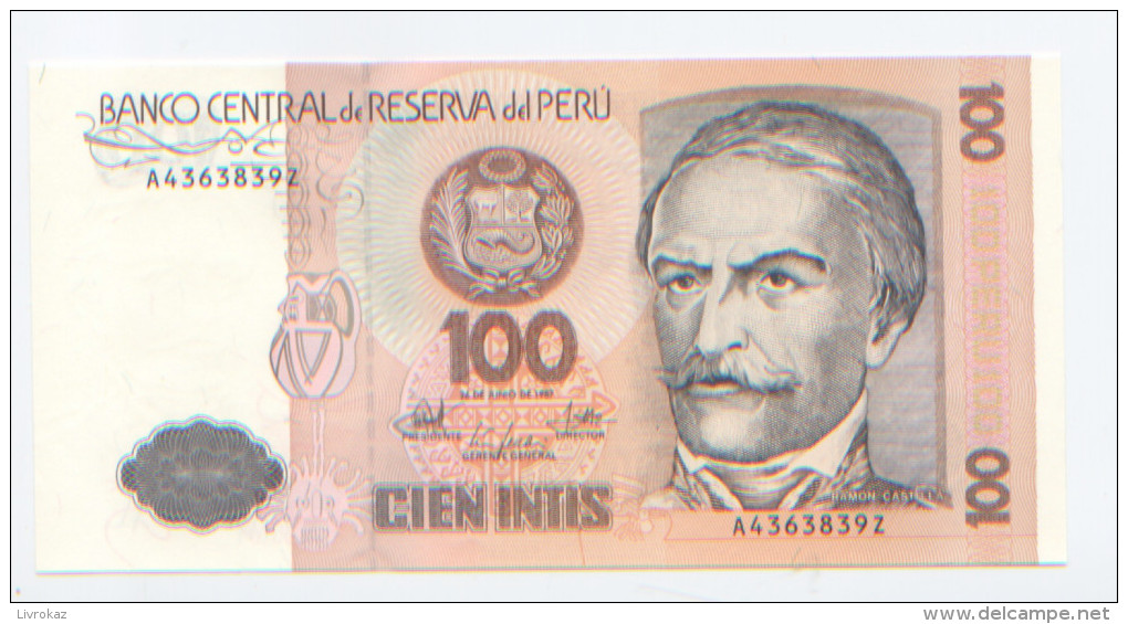 Billet De Banque, Banknote, Biglietto Di Banca, Bankbiljet, Pérou, Peru, 100 Cien Intis, 1987, Ramon Castilla, NEUF - Pérou