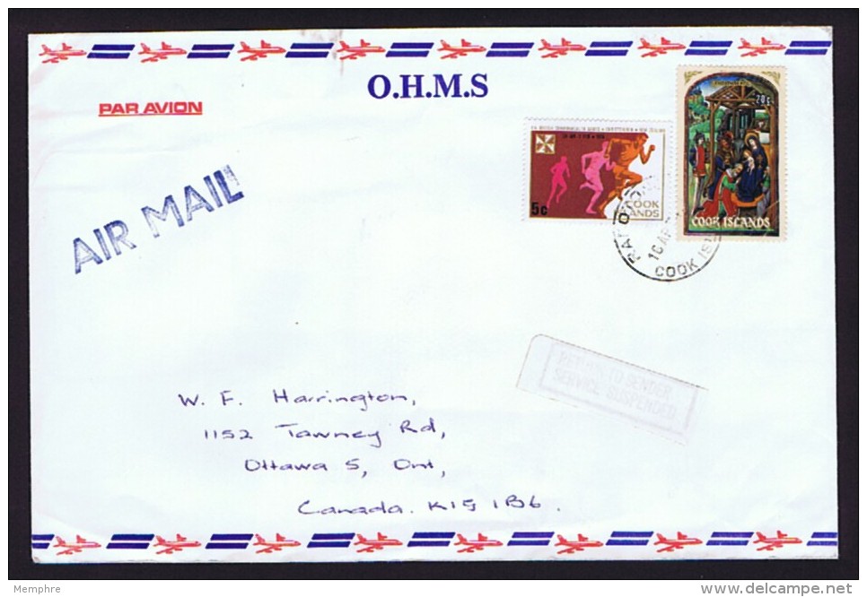 COOK IS.  1974  O.H.M.S. Cover To USA   Easter, Commonwealth Games,  Faded &laquo;Return To Sender - Service Suspended&r - Cook Islands