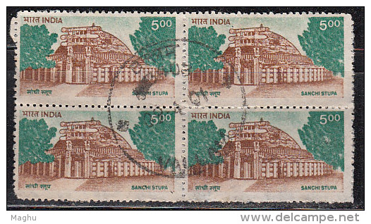 Used Block Of 4. Sanchi Stupa, Buddhism, Monument, 8th Series Definitve, India 1994, - Used Stamps
